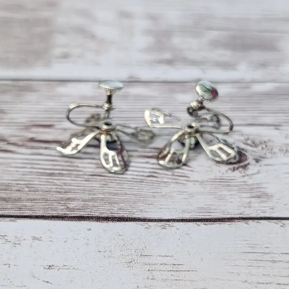 Vintage Screw On Earrings - Large Flower with Blue Gem - Condition Issues